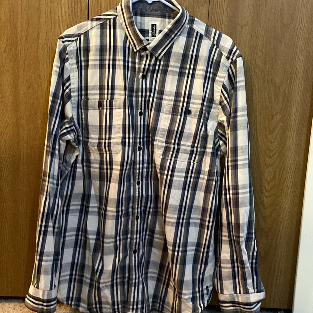 Howe plaid shirt bottom down  XL blue cream and brown gently worn